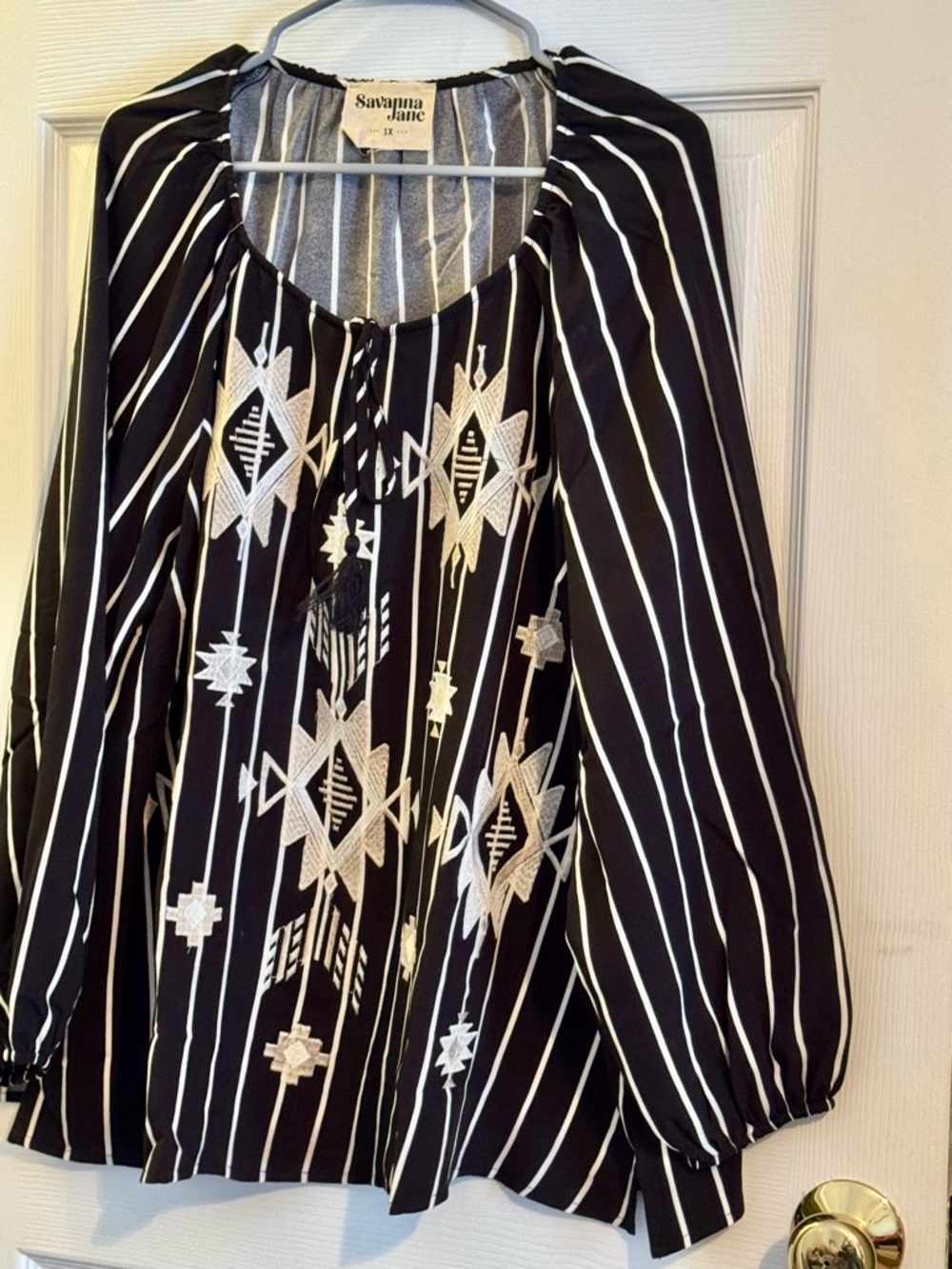 Savanna Jane Black and White Striped Embroidered Top